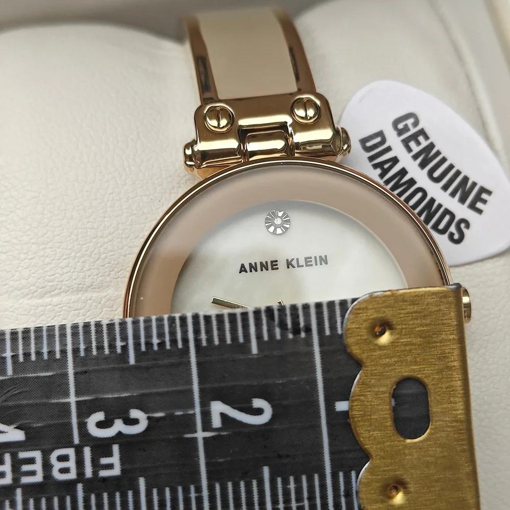 Anne Klein Women Gold Tan Enamel Bangle Watch Genuine Diamond AK-1980TMGB NEW
